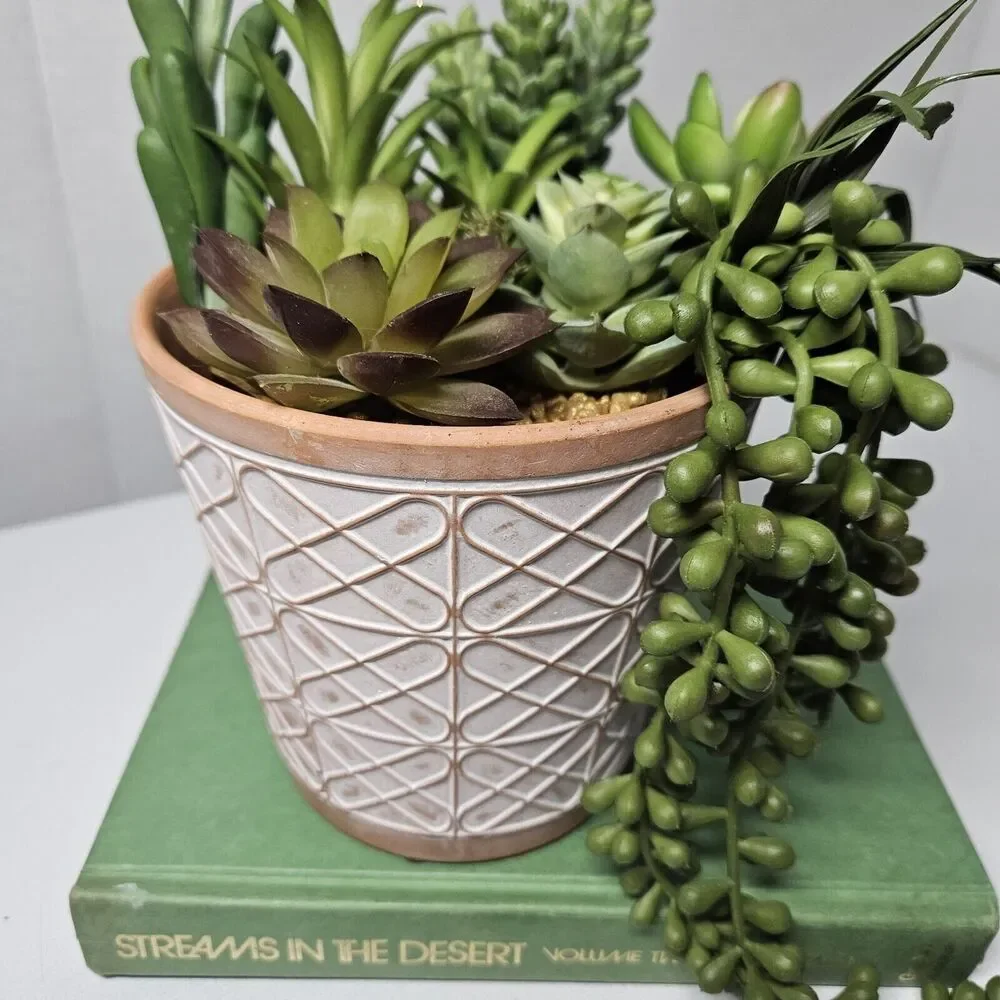 Small Terracotta Planter Raised Pattern With Brushed White 5 Inches Bohemian Pot